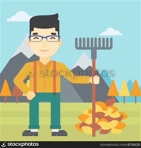 An asian young man raking autumn leaves. Man with rake standing near tree and heap of autumn leaves. Man tidying autumn leaves in garden. Vector flat design illustration. Square layout.. Man raking autumn leaves vector illustration.