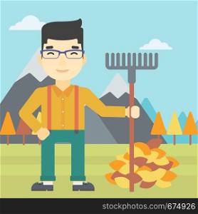 An asian young man raking autumn leaves. Man with rake standing near tree and heap of autumn leaves. Man tidying autumn leaves in garden. Vector flat design illustration. Square layout.. Man raking autumn leaves vector illustration.