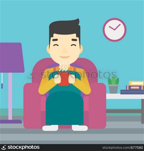An asian young man relaxing under blanket with cup of coffee. Man drinking coffee at home. Man holding cup of hot flavored coffee. Coffee lover. Vector flat design illustration. Square layout.. Man drinking coffee or tea vector illustration.