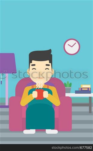 An asian young man relaxing under blanket with cup of coffee. Man drinking coffee at home. Man holding cup of hot flavored coffee. Coffee lover. Vector flat design illustration. Vertical layout.. Man drinking coffee or tea vector illustration.
