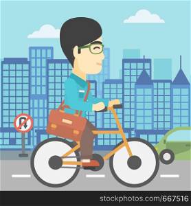 An asian young man riding a bicycle. Cyclist riding bike on city background. Businessman with briefcase on a bike. Healthy lifestyle concept. Vector flat design illustration. Square layout.. Man riding bicycle vector illustration.