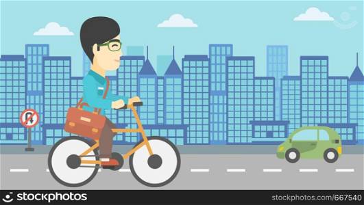 An asian young man riding a bicycle. Cyclist riding bike on city background. Businessman with briefcase on a bike. Healthy lifestyle concept. Vector flat design illustration. Horizontal layout. Man riding bicycle vector illustration.