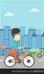 An asian young man riding a bicycle. Cyclist riding bike on city background. Businessman with briefcase on a bike. Healthy lifestyle concept. Vector flat design illustration. Vertical layout.. Man riding bicycle vector illustration.