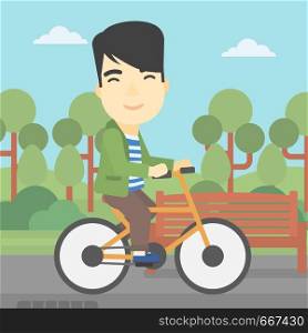 An asian young man riding a bicycle in the park. Cyclist riding bike on forest road. Man on a bike outdoors. Healthy lifestyle concept. Vector flat design illustration. Square layout.. Man riding bicycle vector illustration.