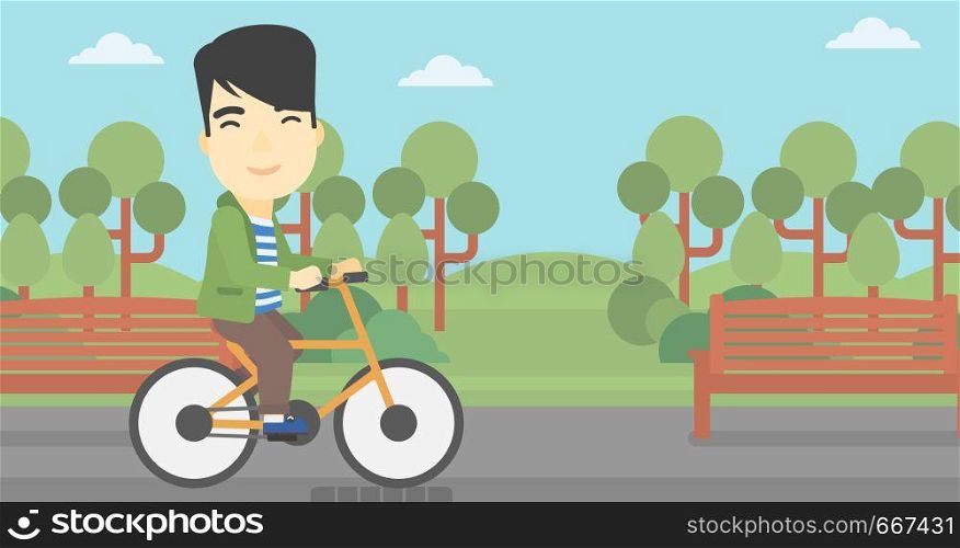 An asian young man riding a bicycle in the park. Cyclist riding bike on forest road. Man on a bike outdoors. Healthy lifestyle concept. Vector flat design illustration. Horizontal layout. Man riding bicycle vector illustration.
