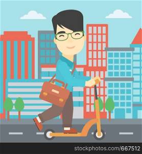 An asian young man riding a kick scooter. Businessman with briefcase riding to work on scooter. Man on kick scooter in the city street. Vector flat design illustration. Square layout.. Man riding kick scooter vector illustration.