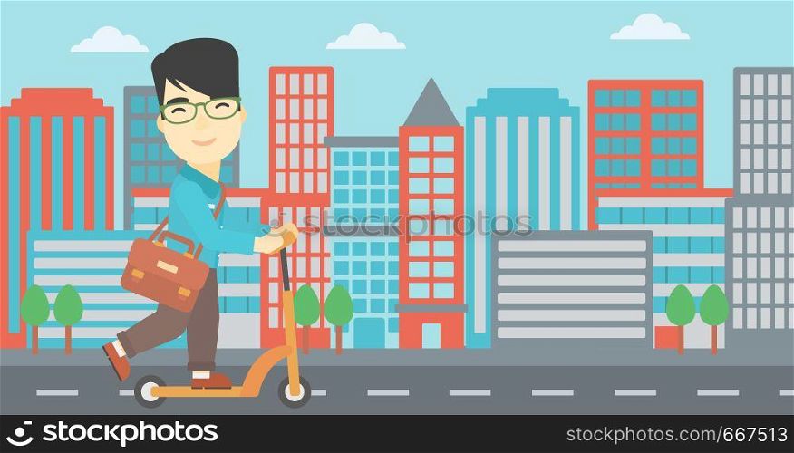 An asian young man riding a kick scooter. Businessman with briefcase riding to work on scooter. Man on kick scooter in the city street. Vector flat design illustration. Horizontal layout. Man riding kick scooter vector illustration.