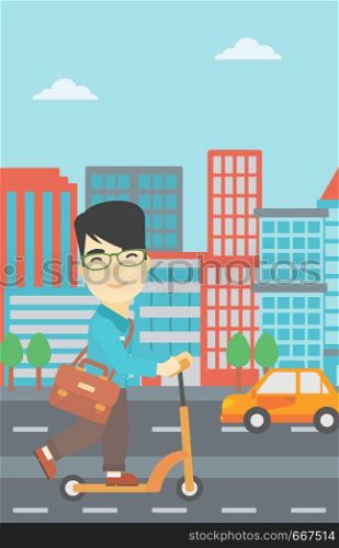 An asian young man riding a kick scooter. Businessman with briefcase riding to work on scooter. Man on kick scooter in the city street. Vector flat design illustration. Vertical layout.. Man riding kick scooter vector illustration.