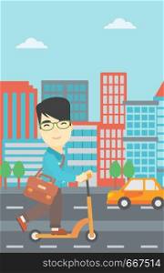 An asian young man riding a kick scooter. Businessman with briefcase riding to work on scooter. Man on kick scooter in the city street. Vector flat design illustration. Vertical layout.. Man riding kick scooter vector illustration.