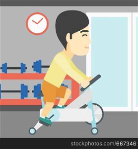 An asian young man riding stationary bicycle. Sporty man exercising on stationary training bicycle in the gym. Man training on exercise bike. Vector flat design illustration. Square layout.. Man riding stationary bicycle vector illustration.