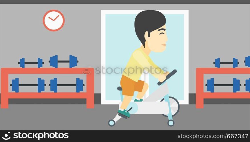 An asian young man riding stationary bicycle. Sporty man exercising on stationary training bicycle in the gym. Man training on exercise bike. Vector flat design illustration. Horizontal layout. Man riding stationary bicycle vector illustration.