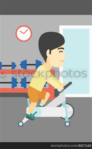 An asian young man riding stationary bicycle. Sporty man exercising on stationary training bicycle in the gym. Man training on exercise bike. Vector flat design illustration. Vertical layout.. Man riding stationary bicycle vector illustration.