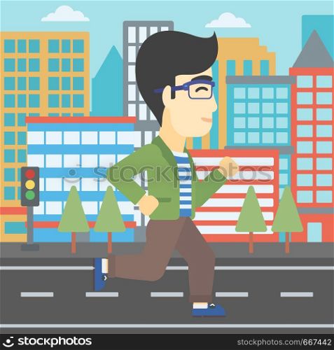 An asian young man running. Male runner jogging. Full length of a male athlete running. Sportsman running on a city background. Vector flat design illustration. Square layout.. Young man running vector illustration.