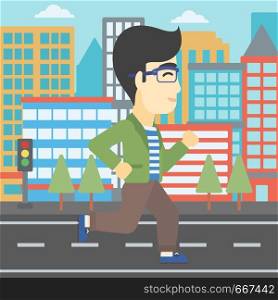 An asian young man running. Male runner jogging. Full length of a male athlete running. Sportsman running on a city background. Vector flat design illustration. Square layout.. Young man running vector illustration.