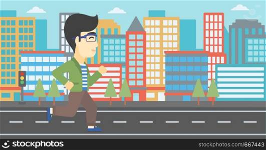 An asian young man running. Male runner jogging. Full length of a male athlete running. Sportsman running on a city background. Vector flat design illustration. Horizontal layout. Young man running vector illustration.