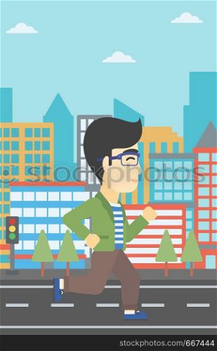 An asian young man running. Male runner jogging. Full length of a male athlete running. Sportsman running on a city background. Vector flat design illustration. Vertical layout.. Young man running vector illustration.