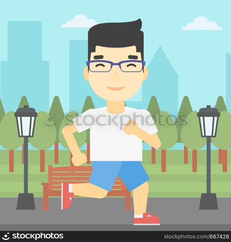 An asian young man running. Male runner jogging outdoors. Sportsman running in the park. Running man on forest road. Vector flat design illustration. Square layout.. Young man running vector illustration.