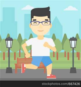 An asian young man running. Male runner jogging outdoors. Sportsman running in the park. Running man on forest road. Vector flat design illustration. Square layout.. Young man running vector illustration.