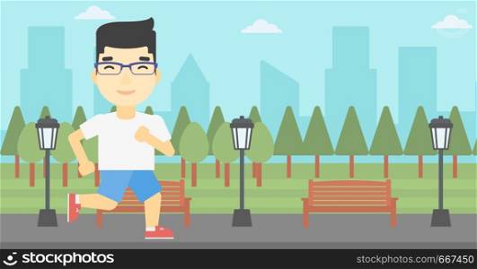 An asian young man running. Male runner jogging outdoors. Sportsman running in the park. Running man on forest road. Vector flat design illustration. Horizontal layout. Young man running vector illustration.