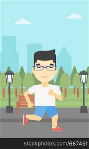 An asian young man running. Male runner jogging outdoors. Sportsman running in the park. Running man on forest road. Vector flat design illustration. Vertical layout.. Young man running vector illustration.