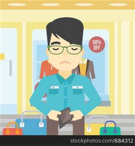 An asian young man showing his wallet purse on the background of showcase of a store. Bankruptcy concept. Vector flat design illustration. Square layout.. Man showing epmty wallet vector illustration.