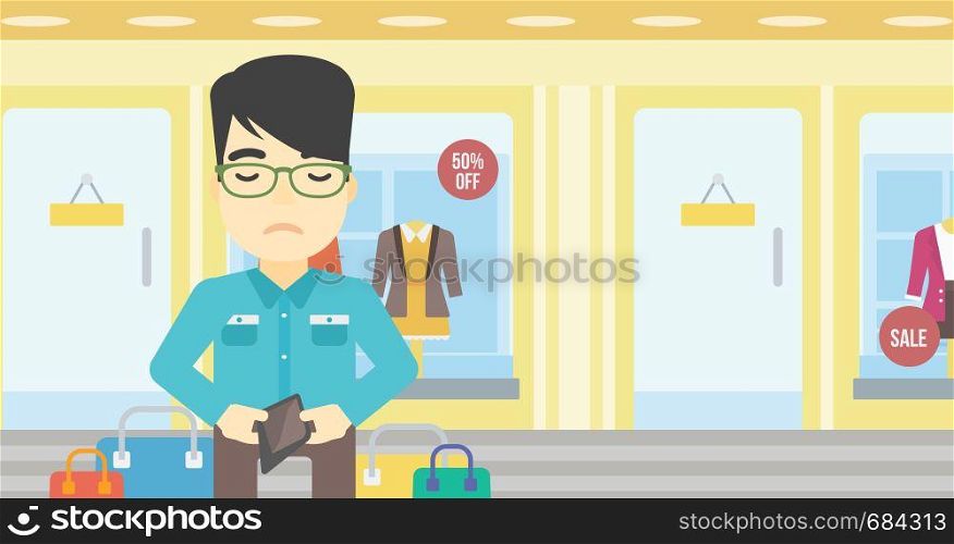 An asian young man showing his wallet purse on the background of showcase of a store. Bankruptcy concept. Vector flat design illustration. Horizontal layout.. Man showing epmty wallet vector illustration.