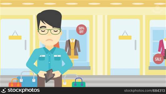An asian young man showing his wallet purse on the background of showcase of a store. Bankruptcy concept. Vector flat design illustration. Horizontal layout.. Man showing epmty wallet vector illustration.