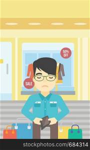 An asian young man showing his wallet purse on the background of showcase of a store. Bankruptcy concept. Vector flat design illustration. Vertical layout.. Man showing epmty wallet vector illustration.