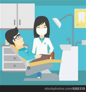 An asian young man sitting it the chair at the dental office. Female doctor and patient in the dental clinic. Patient on reception at the dentist. Vector flat design illustration. Square layout.. Patient and doctor at dentist office.