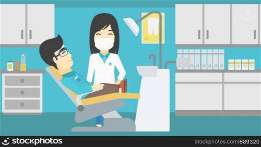 An asian young man sitting it the chair at the dental office. Female doctor and patient in the dental clinic. Patient on reception at the dentist. Vector flat design illustration. Horizontal layout.. Patient and doctor at dentist office.