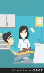 An asian young man sitting it the chair at the dental office. Female doctor and patient in the dental clinic. Patient on reception at the dentist. Vector flat design illustration. Vertical layout.. Patient and doctor at dentist office.