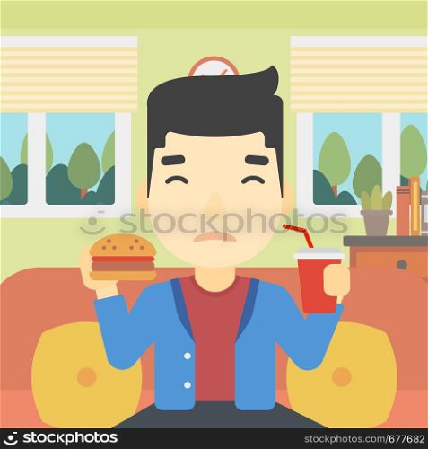 An asian young man sitting on a sofa while eating hamburger and drinking soda on the background of living room. Vector flat design illustration. Square layout.. Man eating hamburger vector illustration.