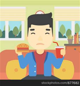 An asian young man sitting on a sofa while eating hamburger and drinking soda on the background of living room. Vector flat design illustration. Square layout.. Man eating hamburger vector illustration.