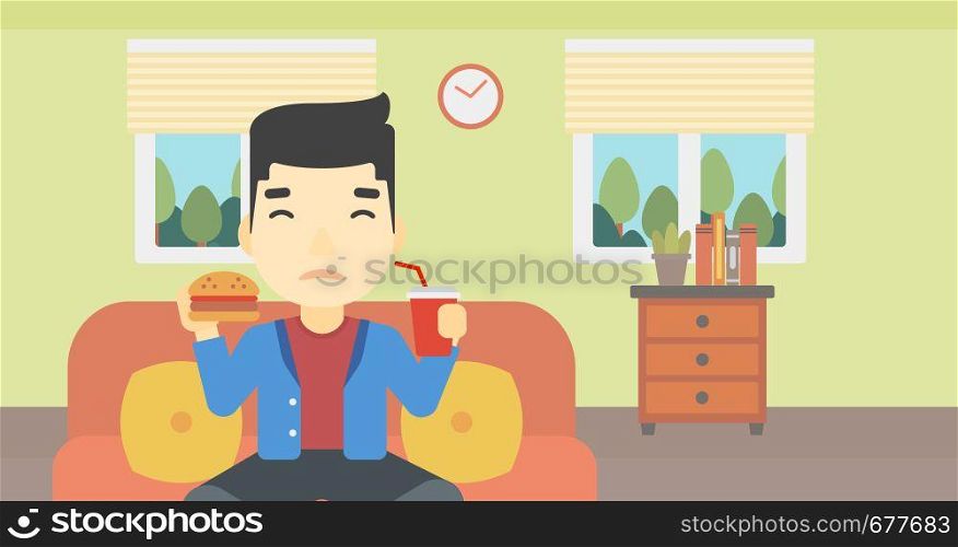 An asian young man sitting on a sofa while eating hamburger and drinking soda on the background of living room. Vector flat design illustration. Horizontal layout.. Man eating hamburger vector illustration.