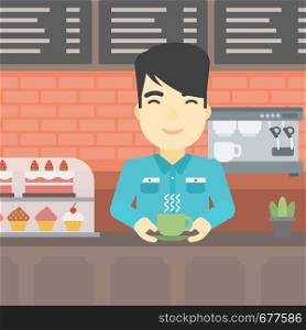 An asian young man standing at the counter with cup of coffee on the background of bakery with pastry and coffee maker. Man making coffee. Vector flat design illustration. Square layout.. Man making coffee vector illustration.