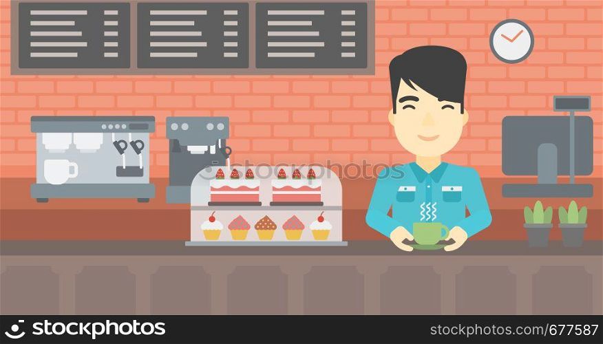 An asian young man standing at the counter with cup of coffee on the background of bakery with pastry and coffee maker. Man making coffee. Vector flat design illustration. Horizontal layout.. Man making coffee vector illustration.