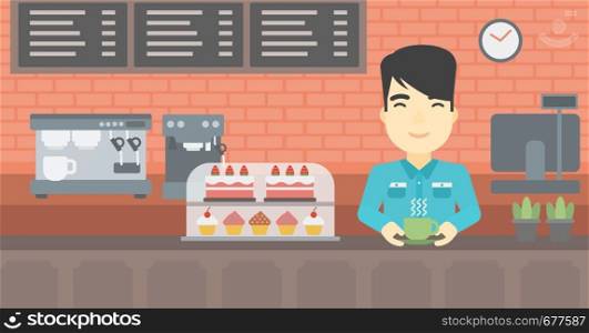 An asian young man standing at the counter with cup of coffee on the background of bakery with pastry and coffee maker. Man making coffee. Vector flat design illustration. Horizontal layout.. Man making coffee vector illustration.