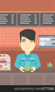 An asian young man standing at the counter with cup of coffee on the background of bakery with pastry and coffee maker. Man making coffee. Vector flat design illustration. Vertical layout.. Man making coffee vector illustration.