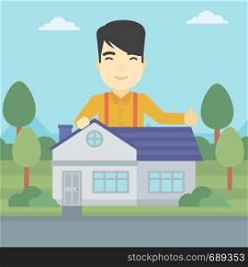 An asian young man standing behind the house and showing thumb up. Real estate agent offering the house. Young man giving thumbs up. Vector flat design illustration. Square layout.. Real estate agent giving thumb up.