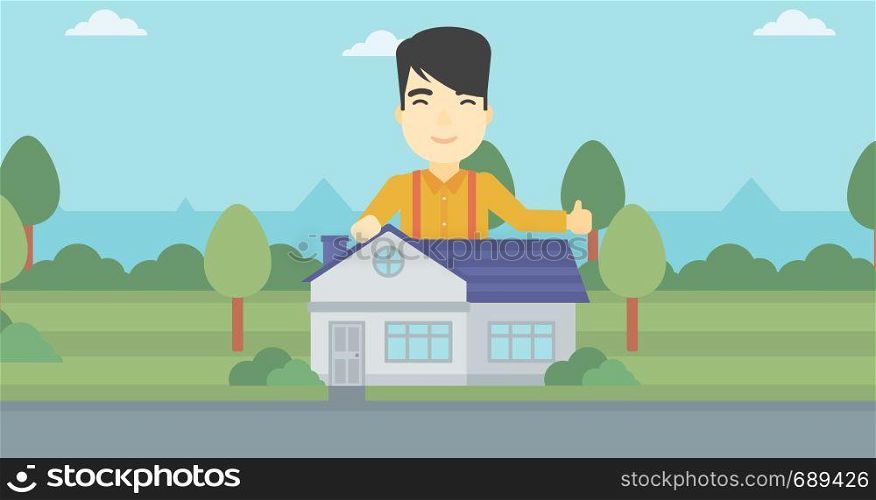 An asian young man standing behind the house and showing thumb up. Real estate agent offering the house. Young man giving thumbs up. Vector flat design illustration. Horizontal layout.. Real estate agent giving thumb up.
