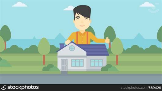 An asian young man standing behind the house and showing thumb up. Real estate agent offering the house. Young man giving thumbs up. Vector flat design illustration. Horizontal layout.. Real estate agent giving thumb up.