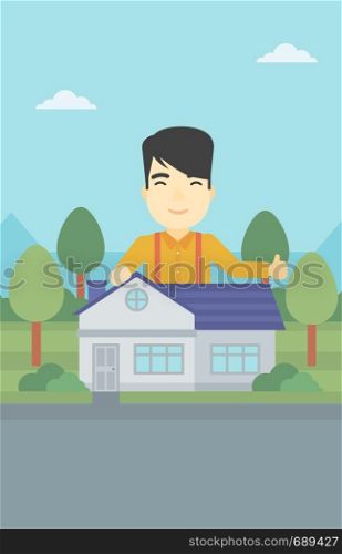 An asian young man standing behind the house and showing thumb up. Real estate agent offering the house. Young man giving thumbs up. Vector flat design illustration. Vertical layout.. Real estate agent giving thumb up.