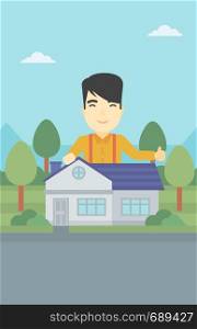 An asian young man standing behind the house and showing thumb up. Real estate agent offering the house. Young man giving thumbs up. Vector flat design illustration. Vertical layout.. Real estate agent giving thumb up.