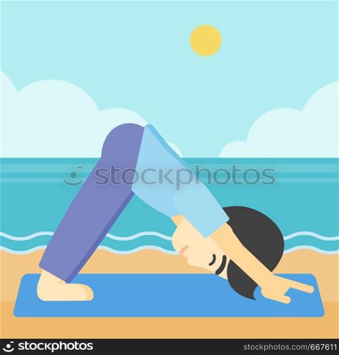 An asian young man standing in yoga downward facing dog pose on the beach. Man doing yoga on nature. Vector flat design illustration. Square layout.. Man practicing yoga vector illustration.