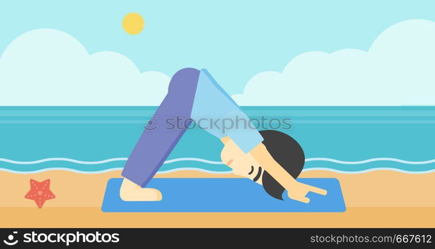 An asian young man standing in yoga downward facing dog pose on the beach. Man doing yoga on nature. Vector flat design illustration. Horizontal layout. Man practicing yoga vector illustration.
