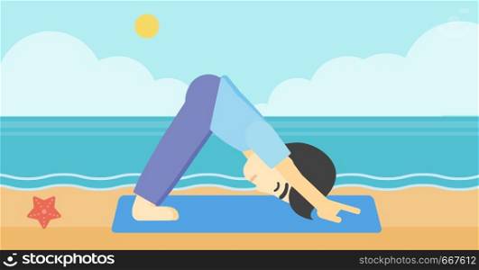 An asian young man standing in yoga downward facing dog pose on the beach. Man doing yoga on nature. Vector flat design illustration. Horizontal layout. Man practicing yoga vector illustration.