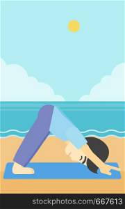 An asian young man standing in yoga downward facing dog pose on the beach. Man doing yoga on nature. Vector flat design illustration. Vertical layout.. Man practicing yoga vector illustration.