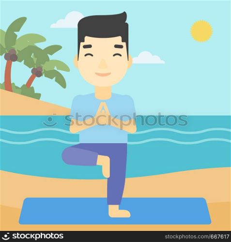 An asian young man standing in yoga tree pose. Man meditating in yoga tree position on beach. Man doing yoga on nature. Vector flat design illustration. Square layout.. Man practicing yoga tree pose on the beach.