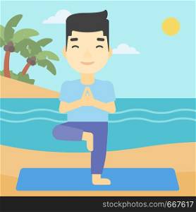 An asian young man standing in yoga tree pose. Man meditating in yoga tree position on beach. Man doing yoga on nature. Vector flat design illustration. Square layout.. Man practicing yoga tree pose on the beach.