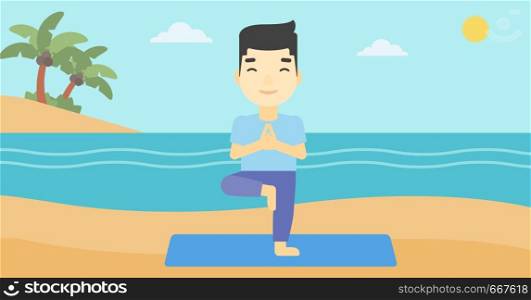 An asian young man standing in yoga tree pose. Man meditating in yoga tree position on beach. Man doing yoga on nature. Vector flat design illustration. Horizontal layout. Man practicing yoga tree pose on the beach.